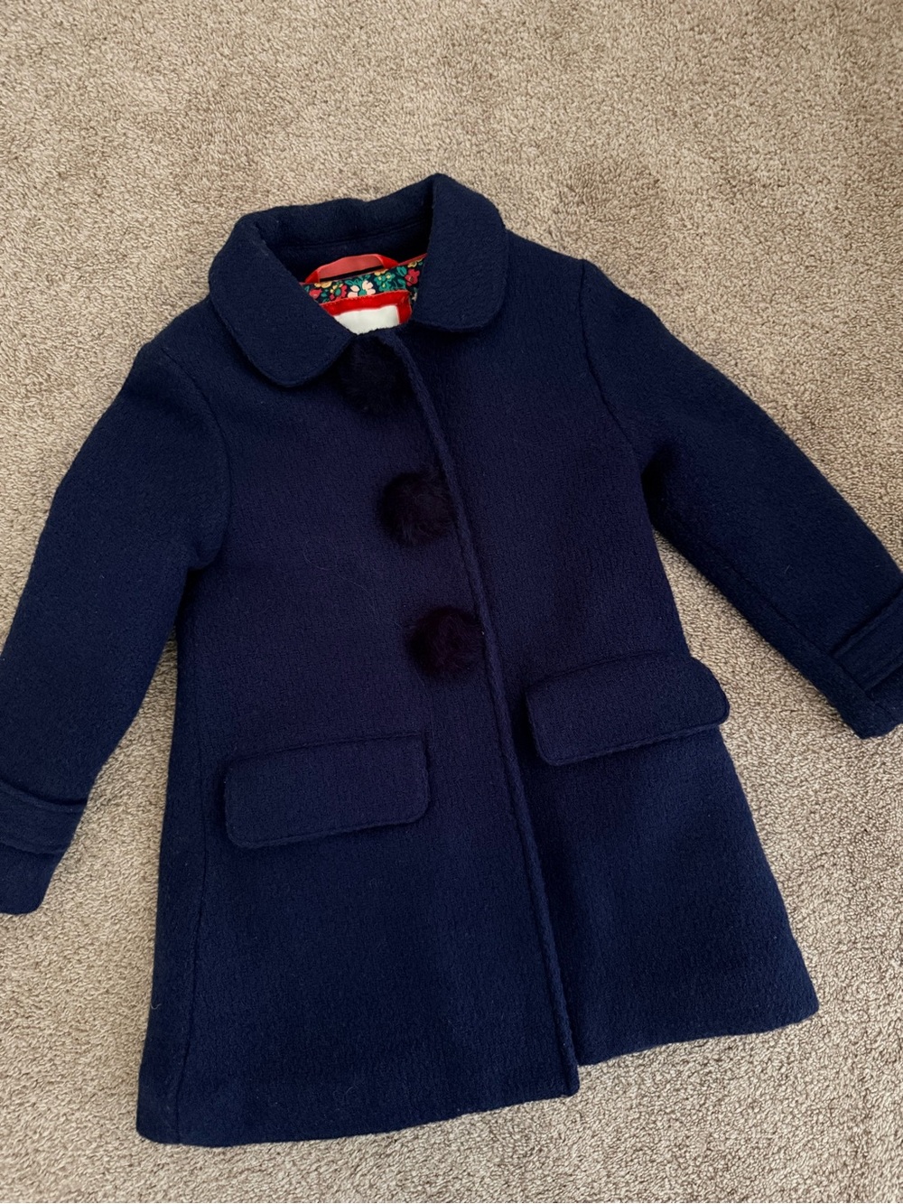 Mini Boden Navy Wool-Blend Coat with Pom Buttons